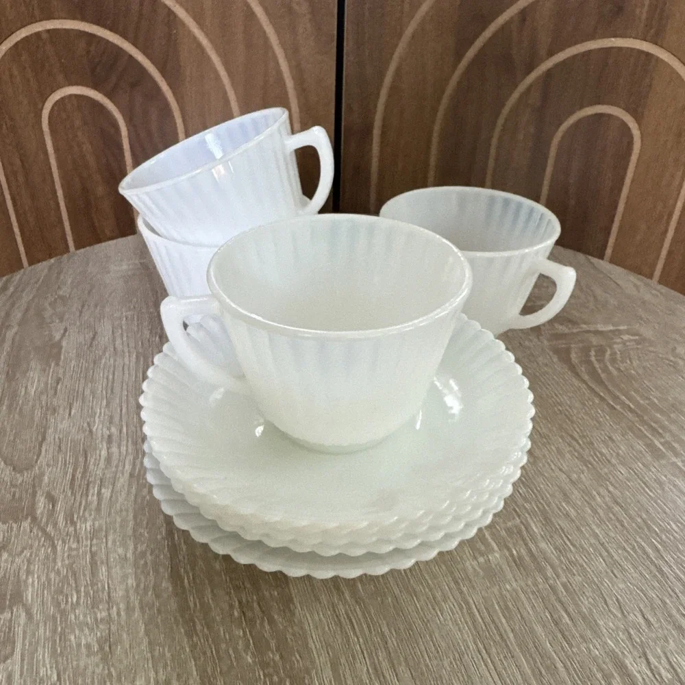 4 MacBeth Evans Opalescent White Monax Petalware Cups & Saucers